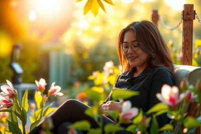The image features a young woman seated comfortably in an outdoor setting, enjoying the warm sunlight and blooming flowers around her.