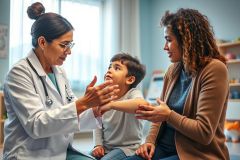 Doctor examining a young boy in a bright, modern clinic. A concerned mother looks on as the pediatrician assesses the child's neck and arm. Healthcare, child health, medical examination, and doctor-patient interaction are key themes. Blue and neutral tones dominate the scene.