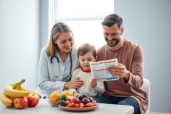 Doctor consults with a young family about healthy eating. Image shows a pediatrician, parents, and a toddler examining a food pyramid chart surrounded by fresh fruit like bananas, apples, and berries. Bright, modern interior setting emphasizes nutrition and wellness.