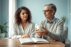 A thoughtful moment between a middle-aged couple indoors. They sit at a wooden table with an open book, enjoying coffee in a light, airy room. The color palette is soft with blues and neutrals, suggesting a calm and intimate setting. A focus on family, reading, and connection.
