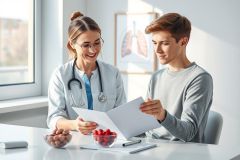 Doctor and patient reviewing medical documents in a bright, modern office. The female doctor wearing a stethoscope smiles while discussing test results with a young man. Focus on healthcare, consultation, and wellness.
