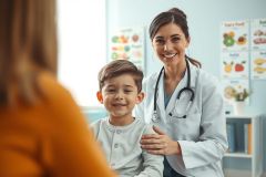 A smiling female pediatrician in a white coat examines a young boy during a checkup in a bright, modern clinic. The scene depicts a healthy child visit with a focus on pediatric care and wellness. Charts about healthy foods are visible in the background.