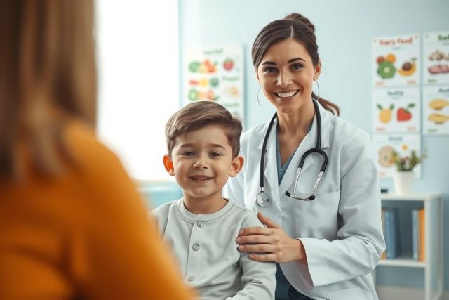 A smiling female pediatrician in a white coat examines a young boy during a checkup in a bright, modern clinic. The scene depicts a healthy child visit with a focus on pediatric care and wellness. Charts about healthy foods are visible in the background.
