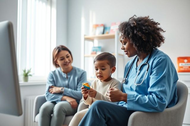 Pediatric doctor examines a young child during a healthcare visit. A mother smiles warmly as the doctor interacts with the toddler in a bright, modern clinic setting. Blue scrubs, natural light, and a focus on child health are key elements.