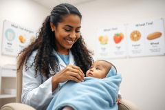 A smiling pediatrician in a white coat examines a baby wrapped in a blue blanket in a medical clinic. The background features allergy food charts. The scene conveys a warm, caring healthcare environment with a focus on infant health and wellness.