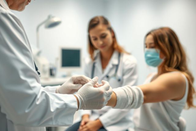 Doctor examining a patient's arm bandage in a bright, modern medical clinic. A female healthcare professional in a white coat and stethoscope is also present. The scene emphasizes healthcare, patient care, and medical examination with a focus on a clean, professional environment. Predominant colors are white and neutral tones.