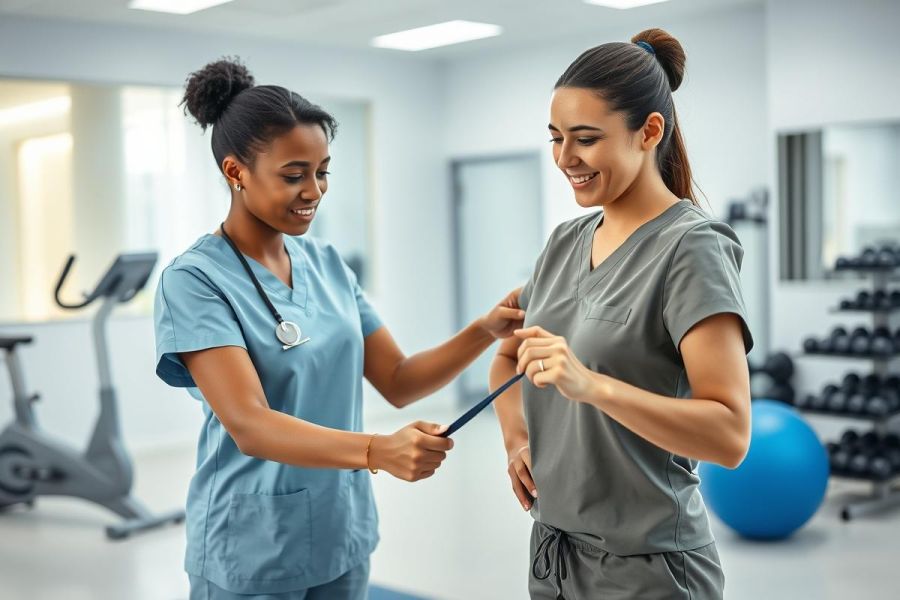 In a bright, modern gym setting, two smiling healthcare workers in scrubs interact. One extends a hand to the other, showcasing teamwork and healthy living. Blue and gray tones dominate, with gym equipment visible in the background.