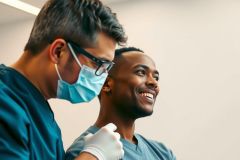 Medical professionals in scrubs and a mask examine an X-ray. The scene appears to be in a hospital setting with a focus on healthcare and diagnostics. Blue tones are prominent.