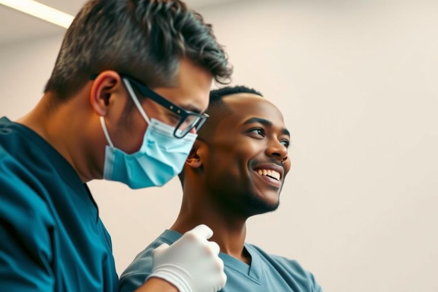 Medical professionals in scrubs and a mask examine an X-ray. The scene appears to be in a hospital setting with a focus on healthcare and diagnostics. Blue tones are prominent.