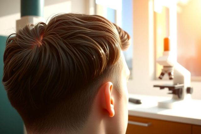 A person's back and head viewed from behind, standing near a lab bench and microscope. The scene includes warm lighting, suggesting a science or research environment.