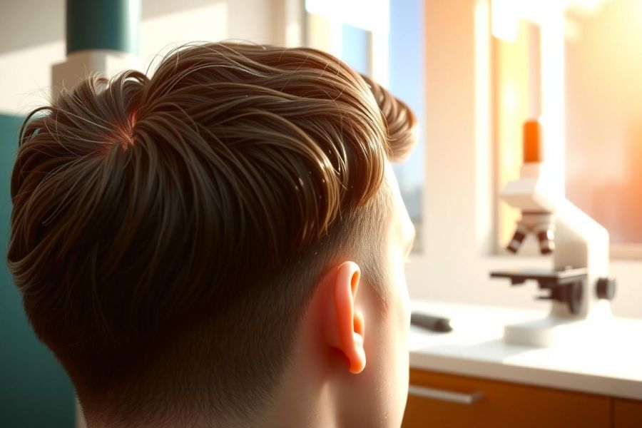 A person's back and head viewed from behind, standing near a lab bench and microscope. The scene includes warm lighting, suggesting a science or research environment.