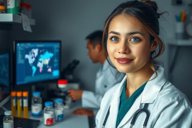 The image features a woman in what appears to be a laboratory or research environment. She is wearing a white lab coat and has a focused expression on her face, looking directly at the camera.