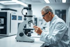 Scientist in a modern laboratory examining a sample under a microscope. Focus on research, science, and medical analysis. The image features a white lab coat, glasses, and a clean, bright environment with advanced equipment. 