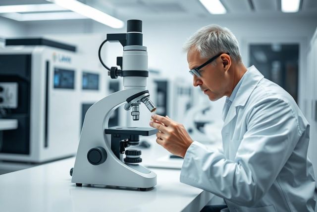 Scientist in a modern laboratory examining a sample under a microscope. Focus on research, science, and medical analysis. The image features a white lab coat, glasses, and a clean, bright environment with advanced equipment. 