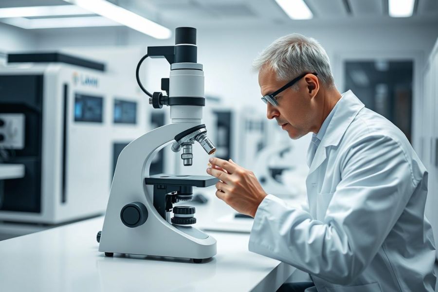 Scientist in a modern laboratory examining a sample under a microscope. Focus on research, science, and medical analysis. The image features a white lab coat, glasses, and a clean, bright environment with advanced equipment. 