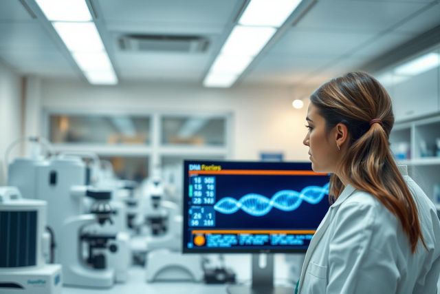 Scientist in a modern lab analyzing DNA sequence on a monitor. The bright, sterile environment features scientific equipment and a focus on biotechnology research. Predominant colors are white, blue, and cool tones, suggesting a high-tech, medical setting.