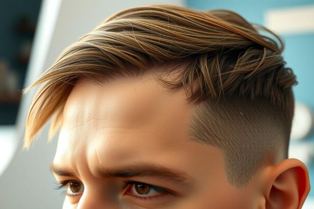 Close-up of a man with a modern hairstyle, featuring a fade and textured top. The image showcases a stylish haircut with a clean, sharp aesthetic against a blurred background.