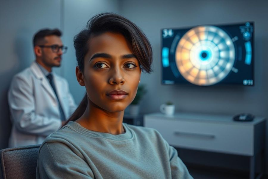 Portrait of a young woman in a medical setting. A doctor in a lab coat stands in the background with a detailed eye scan displayed on a monitor. Cool blue and grey tones dominate, conveying a clinical and professional atmosphere. Healthcare, eye exam, diagnostics, and patient care themes.
