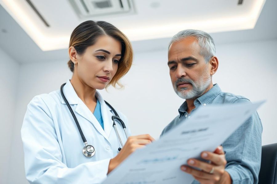 A female doctor in a white coat examines medical documents with a male patient in a bright, modern clinic setting. Healthcare consultation, patient care, and medical examination themes are evident. Blue and white tones dominate the scene.