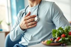 Doctor with stethoscope listening to chest near a vibrant bowl of fresh fruits and vegetables. Healthy eating, wellness, and medical checkup concept. Bright, natural light and blue tones create a clean, modern feel.