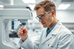 Scientist in a lab coat analyzing a blood sample vial with lab equipment. Focus on medical research, diagnostics, and healthcare. Bright, modern laboratory setting with white walls and equipment. Red blood vial contrasts with the white lab coat and machinery.