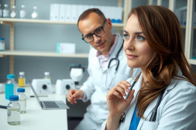 Two doctors, a man and woman, in white lab coats engaged in conversation. They are in a clinical setting with shelves containing medical supplies. The environment suggests a professional healthcare facility.