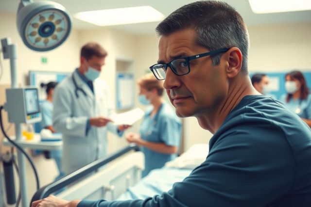 The image shows a man in a hospital setting, surrounded by medical professionals. He is focused on a task while others are working around him. The environment suggests an active and dynamic healthcare facility.