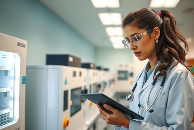 Healthcare professional in lab coat and glasses holds a tablet, reviewing data in a modern lab environment. Focus on medical technology and diagnostics. Clean, bright space.