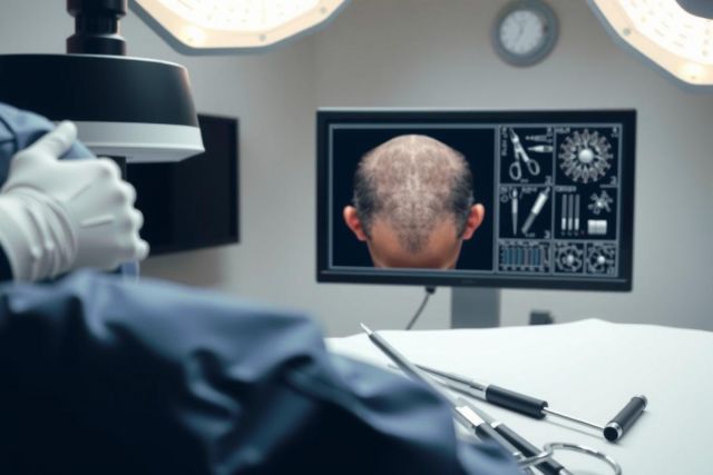 Surgical procedure in progress. A medical professional in gloves is visible, with a patient on the operating table and a monitor displaying medical imagery. Focus on surgical environment and healthcare theme.