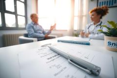 Doctor consults with a patient in a brightly lit office. The scene includes medical equipment, a plant, and a focus on the consultation process. Healthcare, patient care, and medical discussion are key themes.