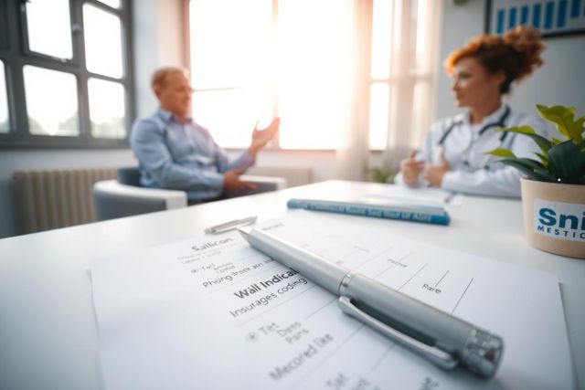 Doctor consults with a patient in a brightly lit office. The scene includes medical equipment, a plant, and a focus on the consultation process. Healthcare, patient care, and medical discussion are key themes.