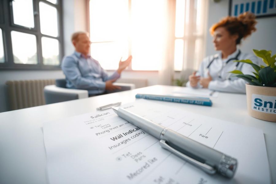 Doctor consults with a patient in a brightly lit office. The scene includes medical equipment, a plant, and a focus on the consultation process. Healthcare, patient care, and medical discussion are key themes.