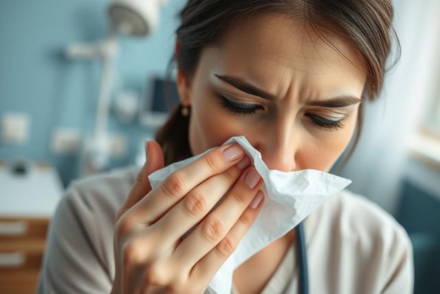 A young woman blowing her nose with a tissue, likely experiencing a cold or allergies. The image features a medical setting with soft blue and white tones, conveying illness or healthcare. Focus is on her concerned expression and the tissue.