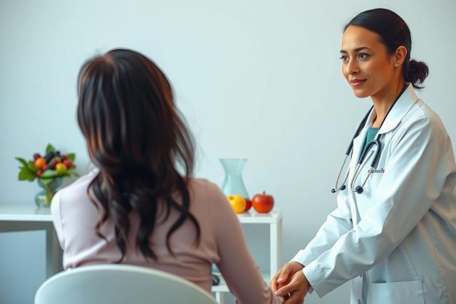 Doctor in white coat comforts patient, offering support and empathy. Healthcare setting, warm lighting, compassionate interaction. Focus on trust and medical care.