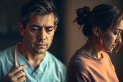 The image features two individuals, presumably a man and a woman. The man is on the left side of the frame and is wearing surgical scrubs, which suggests that he might be a doctor or in a medical setting. 