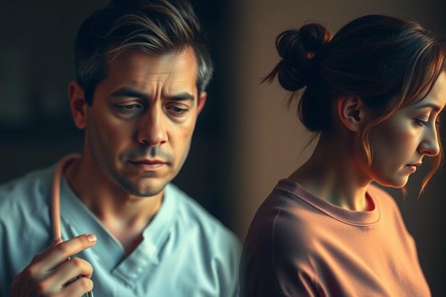 The image features two individuals, presumably a man and a woman. The man is on the left side of the frame and is wearing surgical scrubs, which suggests that he might be a doctor or in a medical setting. 