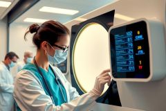 Medical professional in a lab coat and gloves examines a CT scanner display. Healthcare setting with protective masks visible, showcasing diagnostic technology and clinical procedures.