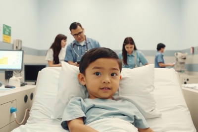 The image shows a young child sitting on a hospital bed. There are multiple medical professionals in the background who appear to be in various stages of examining or treating the child. The environment suggests a healthcare setting with clinical white surfaces and lighting. The child is dressed in hospital attire, and there's a sense of care and concern evident on their face. The focus is primarily on the interaction between the medical personnel and the child, capturing a moment that highlights the human aspect of healthcare encounters.