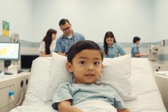 The image shows a young child sitting on a hospital bed. There are multiple medical professionals in the background who appear to be in various stages of examining or treating the child. The environment suggests a healthcare setting with clinical white surfaces and lighting. The child is dressed in hospital attire, and there's a sense of care and concern evident on their face. The focus is primarily on the interaction between the medical personnel and the child, capturing a moment that highlights the human aspect of healthcare encounters.