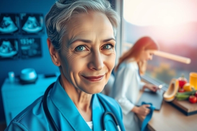 The image shows a woman in a medical uniform, possibly a doctor or nurse, standing on the left side with a smile. On the right, another person is seated at a desk working on a computer. The setting suggests a modern healthcare environment with a bright and airy feel due to natural light coming through the windows.