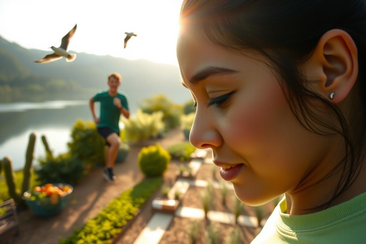 In the image, a young woman and man are outdoors near a body of water. The woman is standing in front of the man who appears to be in motion, possibly running or walking.