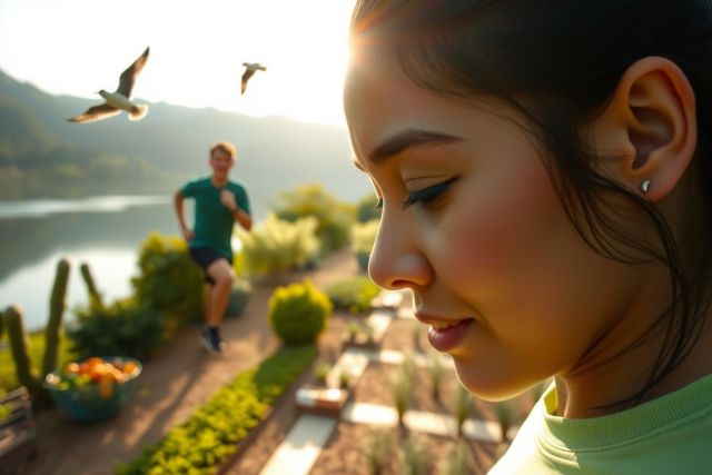 In the image, a young woman and man are outdoors near a body of water. The woman is standing in front of the man who appears to be in motion, possibly running or walking. 