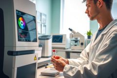 Scientist in lab coat examines a sample vial. The image showcases a modern laboratory setting with equipment, highlighting research and analysis. Focus on scientific process and technology.
