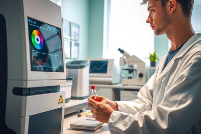 Scientist in lab coat examines a sample vial. The image showcases a modern laboratory setting with equipment, highlighting research and analysis. Focus on scientific process and technology.