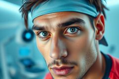 Close-up portrait of a fit young man wearing a blue headband, intense gaze, and stubble. He appears to be in a gym setting with blue and silver equipment blurred in the background. Focus on his expressive blue eyes and determined expression. Fitness, workout, gym, portrait.