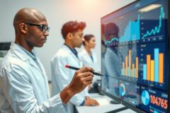 Scientists analyzing data charts on a monitor in a lab. Focus on data visualization, research, and teamwork. Bright colors and a professional environment.