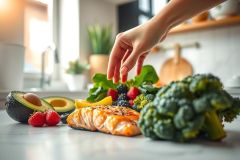 Healthy meal prep featuring grilled salmon, fresh broccoli, avocado, and berries. Bright, vibrant colors showcase a nutritious and delicious food arrangement on a kitchen counter.