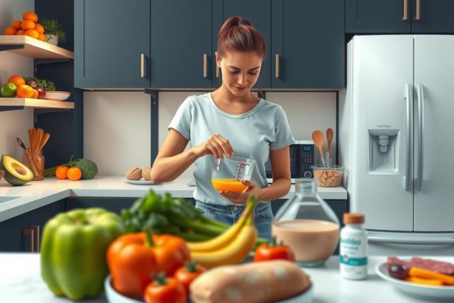 The image is a modern kitchen scene. At the center, there's a woman who appears to be in the midst of preparing food or drink. She stands behind a countertop that has an array of fresh produce such as bananas and carrots on one side, with more vegetables like bell peppers visible.