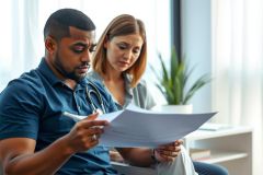 Doctor examines paperwork with a female colleague in a modern office setting. Focus on healthcare, consultation, and professional environment with a blue color scheme.