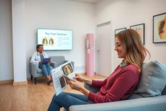 In this image, a woman sits comfortably in a living room setting. She is wearing a red sweater and is reading a brochure. In the background, another person is seen on a television screen showing health educational content.